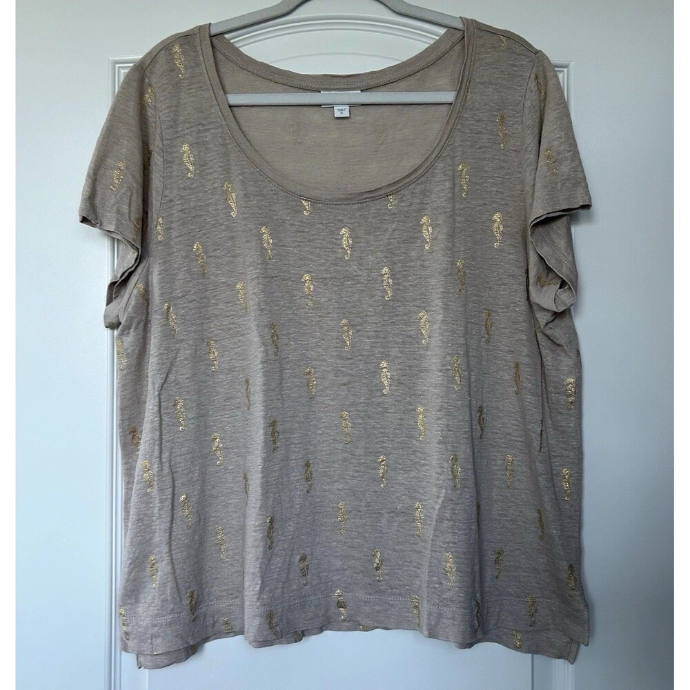 J Jill Love Linen Shirt Seahorse Print Short Sleeve Top XL Tan Gold Lightweight